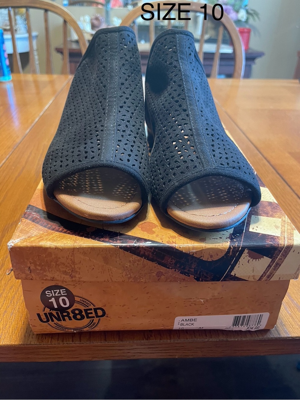 Ambe Black Perforated Peep-Toe Wedge Booties